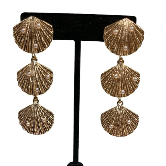 Jewelry - 3 for $20 NWT Gold Triple Shell Drop Earrings with Pearls - Pierced “you pick 3”